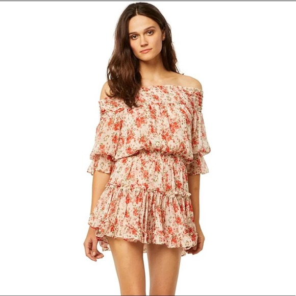 misa los angeles darla floral poppy off the shoulder ruffle mini dress small - Picture 6 of 10